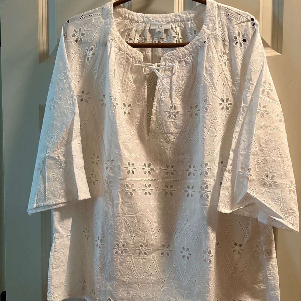 J.Jill White Eyelet Lace SS blouse, NWT, size L
